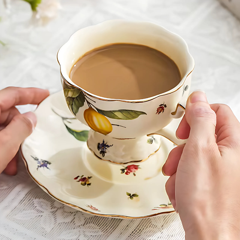 Conjunto de Xicaras de Chá e Café Europeu com Bule Porcelana Luxo