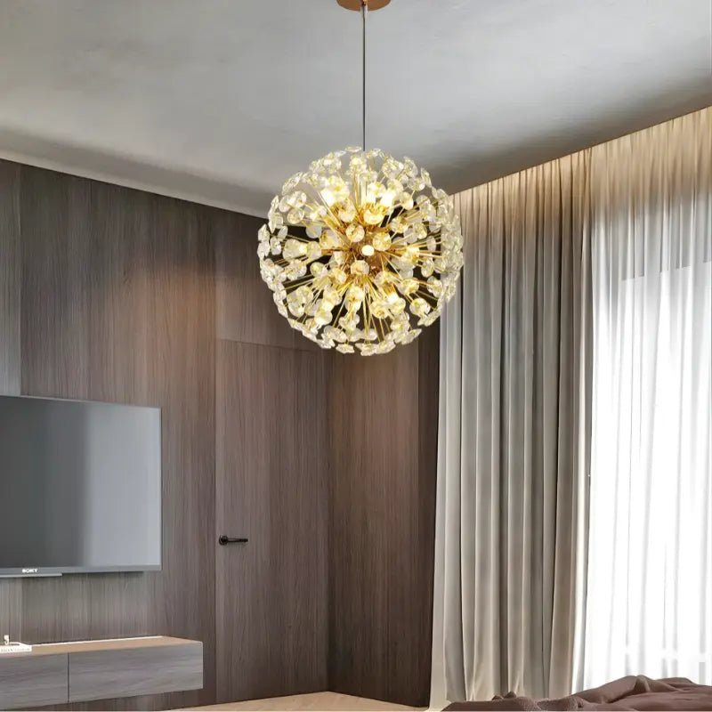 Lustre Pendente Dente de Leão Dourado Cristal 50cm