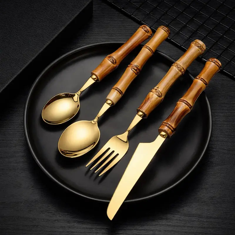 jogo de talher dourado, talher bambu, talheres de bambu dourados, jogo de talher em inox dourado, talheres cabo de bambu natural