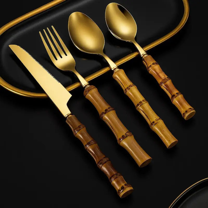 jogo de talher dourado, talher bambu, talheres de bambu dourados, jogo de talher em inox dourado, talheres cabo de bambu natural, jogo de talheres