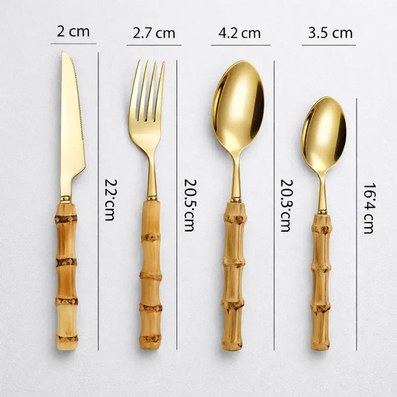 jogo de talher dourado, talher bambu, talheres de bambu dourados, jogo de talher em inox dourado, talheres cabo de bambu natural, jogo de talheres