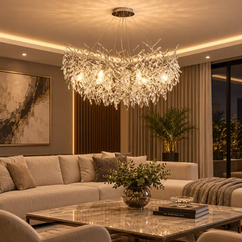 lustre moderno cristal luxo prata detalhe estrutura larmary